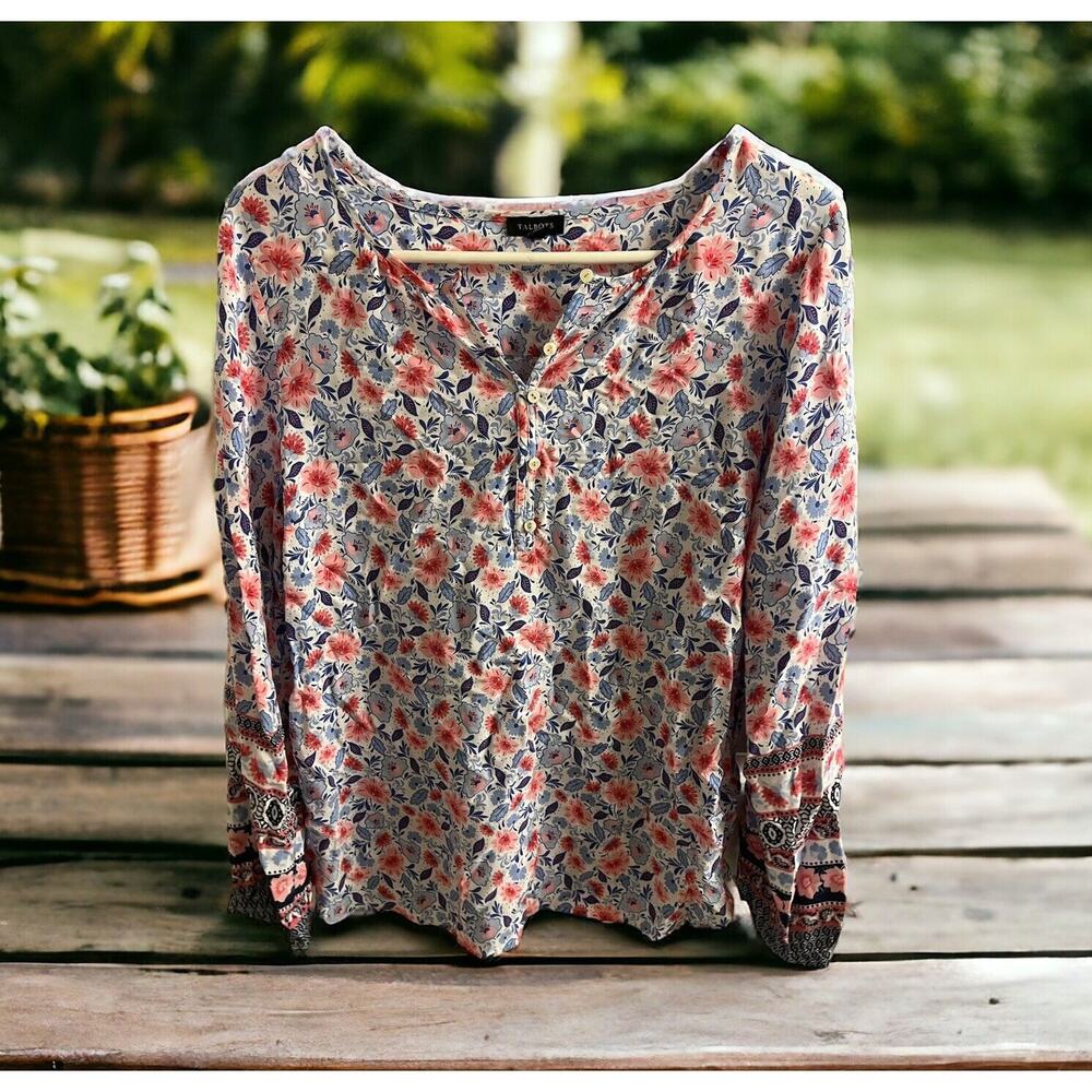 Talbots Blue Pink White Floral Tunic Peasant Light Blouse SIZE Medium Spring EUC